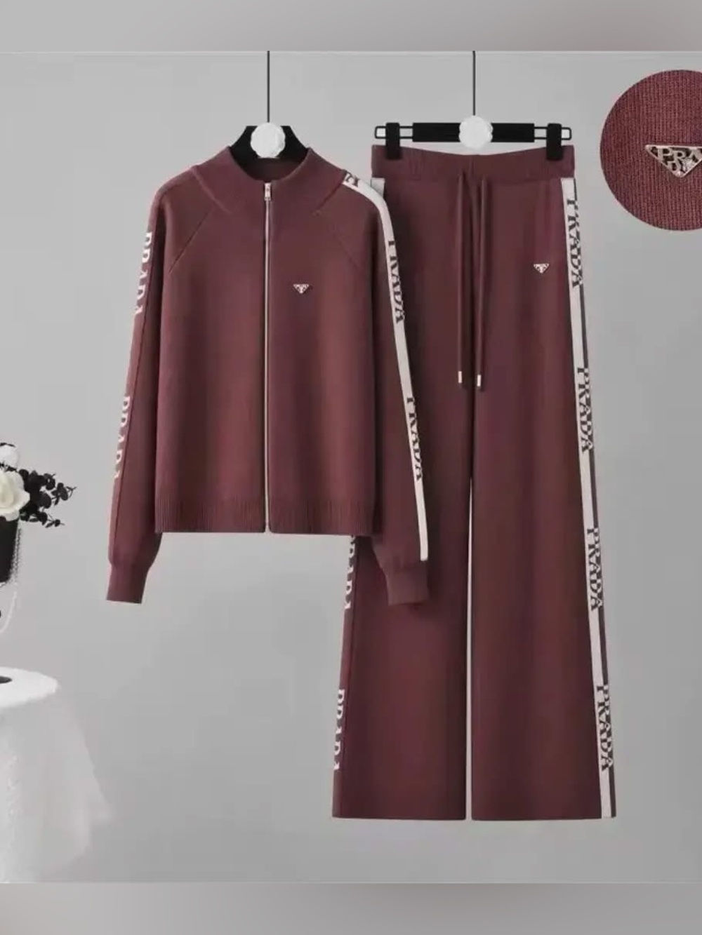 Prada Wide-Leg Track Pants in Burgundy with White Logo Tape